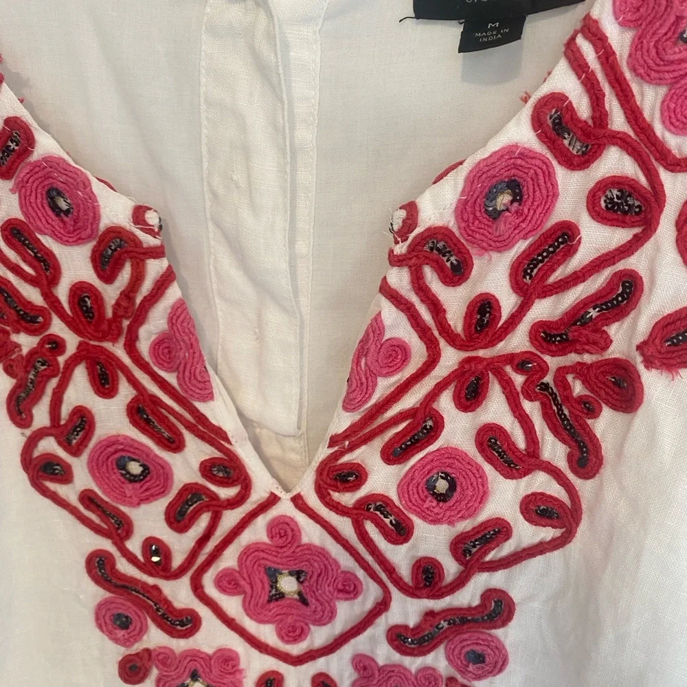 J. Crew White Linen Dress with Pink Embroidered Neckline
